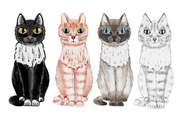 Four cats of different colors, watercolour