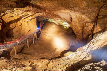 New Athos Cave. Abkhazia, underground caves of New Athos.   composition of stalactites, stalagmites...