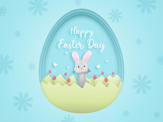 Happy Easter greeting card, poster,  Vector layered paper cut .Cute rabbit with red tulips.