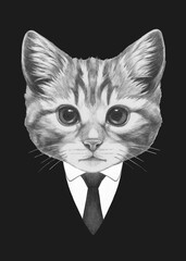 Portrait of Kitten in suit. Bodyguard. Hand-drawn illustration. 