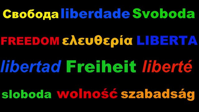 Liberty. Colorful text video banner. Vector design of the word freedom in different languages of the world. Ticker on a black background.  Hungarian,greese ,english, spaine, franch, and ather language