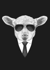 Portrait of Lamb in suit and sunglasses. Bodyguard. Hand-drawn illustration. 