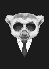 Portrait of Meerkat in suit and sunlasses. Bodyguard. Hand-drawn illustration. 