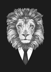Portrait of Lion in suit. Bodyguard. Hand-drawn illustration. 