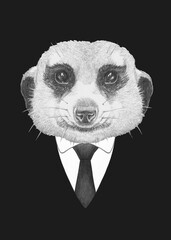 Portrait of Meerkat in suit. Bodyguard. Hand-drawn illustration. 