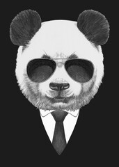 Portrait of Panda in suit and sungasses. Bodyguard. Hand-drawn illustration. 