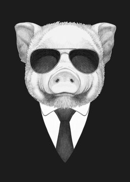 Portrait of Piglet in suit and sunglasses. Bodyguard. Hand-drawn illustration. 