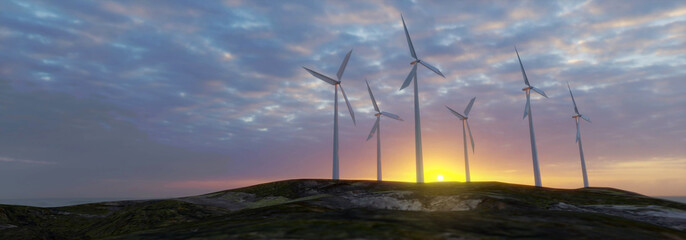 Wind turbines electricity at sunset cloudy - 3d render