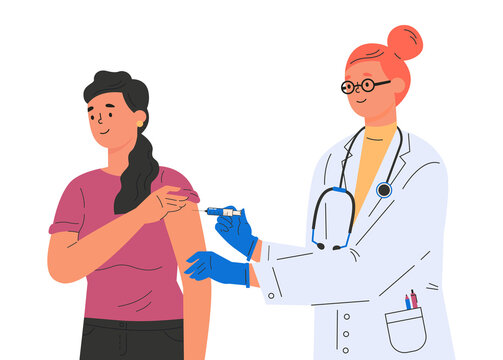 A female doctor makes a vaccine to female patient. Concept illustration for immunity health. Covid vaccine. Doctor in gloves and protective gown. Flat illustration isolated on white background. 