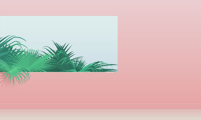 Tropical fan palm bush behind square hole of pastel pink wall, minimalistic tropical vibe illustration, simple summer vibe background template design, nice contrast tint green and pink color scheme