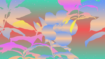 Fototapeta na wymiar Tropical plants and flower outline shapes in retro - vintage colorful gradient theme, classic techno 80s VHS digital age vibe inspiration