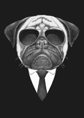 Portrait of Pug Dog in suit and sunglasses. Bodyguard. Hand-drawn illustration. 