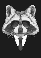 Portrait of Raccoon in suit and sunglasses. Bodyguard. Hand-drawn illustration.  © Victoria Novak