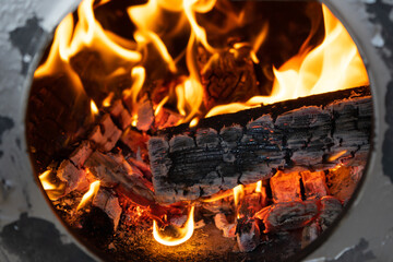 Firewood burning in the stove, fire