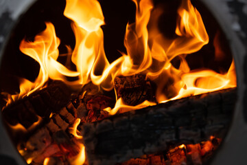 Firewood burning in the stove, fire