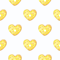 Naklejka premium Donuts with pink, yellow frosting. A pattern with a watercolor illustration of a heart-shaped cookie. Seamless pattern on a white background. Print for fabric, textiles, stationery and any design
