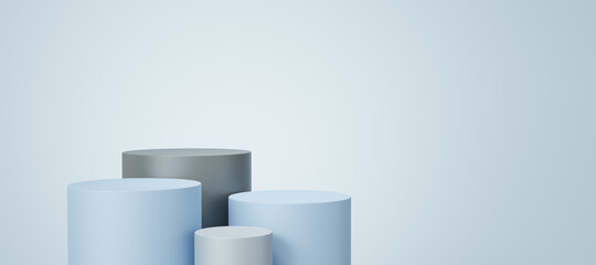 4 Empty gray and blue cylinder podium floating on white copy space background. Abstract minimal studio 3d geometric shape object. Pedestal mockup space for display of product design. 3d rendering.