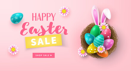 Easter holiday sale banner design with Easter eggs in bird nest. Greeting card or poster template design