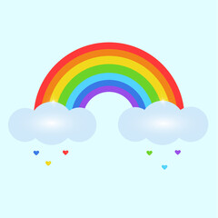  Colorful rainbow and clouds  with hearts on blue background. Print, Card. Cartoon style