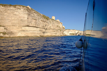 View from the water to the village of Bonifacio in Corse, France