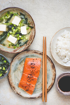 Japanese meal: salmon, miso soup, rice