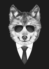 Portrait of Wolf. and sunglasses. Bodyguard. Hand-drawn illustration. 