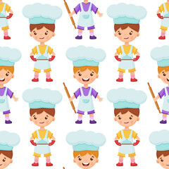 Boys bakers are holding a rolling pin and a tray with a dish. Baguette paper bag. Seamless pattern with children chefs. 