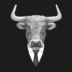 Portrait of Bull in suit. Bodyguard. Hand-drawn illustration. 