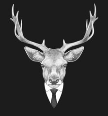 Portrait of Deer in suit. Bodyguard. Hand-drawn illustration. 