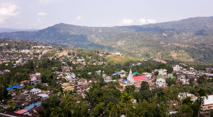 Fototapeta na wymiar An aerial view of the town of Haflong set in the hills of the North Cachar Hills of Assam in North East India.