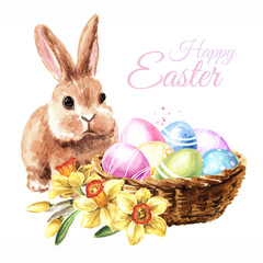 Basket with spring flowers, colored Easter eggs and small cute rabbit. Hand drawn watercolor illustration isolated on white background