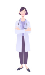 Friendly female physician standing with crossed hands. Doctor in a white coat wearing a stethoscope. Isolated on white vector illustration. - 414178398