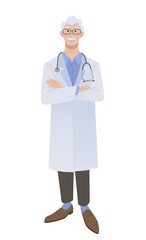 Elderly male physician standing with crossed hands. Doctor in white coat wearing a stethoscope. Isolated on white vector illustration.