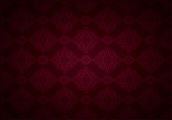 Oriental vintage background with Indo-Persian ornaments. Royal, luxurious, horizontal textured wallpaper in maroon, Burgundy, wine color, Bordeaux, with darkening at the edges, vignette. Vector