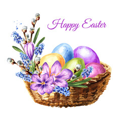 Happy Easter card. Basket with spring flowers and colored eggs. Hand drawn watercolor illustration, isolated on white background