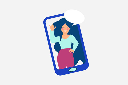 Flat young girl waving her hand inside a mobile and looks happy. conversation between friends online. Woman talking at the camera. Female saying hello or goodbye or friendship concept. Vector style.