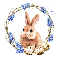 Happy Easter card. wreath with eggs, little rabbit and spring twigs, Hand drawn watercolor illustration isolated on white background