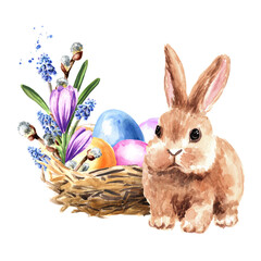 Happy Easter concept, nest with colored eggs,  spring flowers and small rabbit . Hand drawn watercolor illustration isolated on white background
