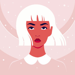 Portrait of a teenage girl under snowfall. An avatar. A teenager looks up. Waiting for spring. Vector illustration in flat style.