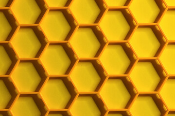 Hexagonal cells made of plastic grid placed on yellow background. Honeycomb concept