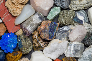 Colorful collection of gemstones and minerals, top view