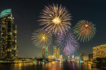 Bangkok, Thailand - 31 December 2020: Wonderful fireworks display at Iconsiam. New year’s celebration in Bangkok.
