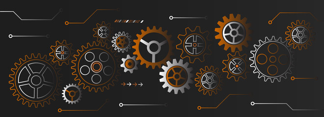 Hi tech gear design innovation concept. Abstract cogwheel communication vector illustration. Wide engineering mechanism background.