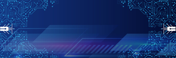 Obraz premium Hi-tech vector illustration with various technology elements. Wide Cyber security internet and networking concept. Abstract global sci fi concept. Digital internet communication on blue background
