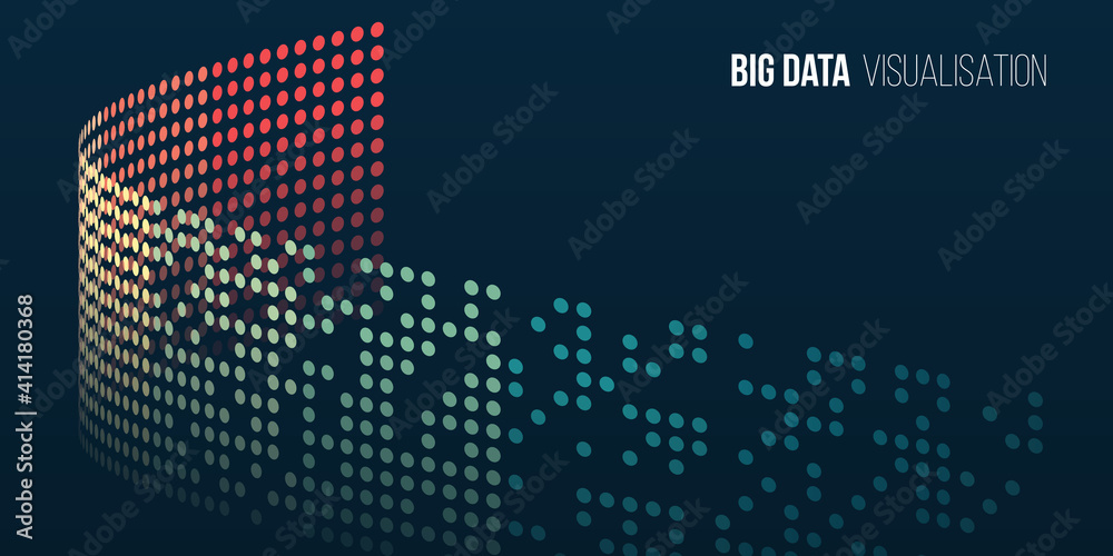 Poster Big data visualization banner. Abstract background with circles array, binary code. Connection structure. Data array visual concept for website. Big data connection complex.