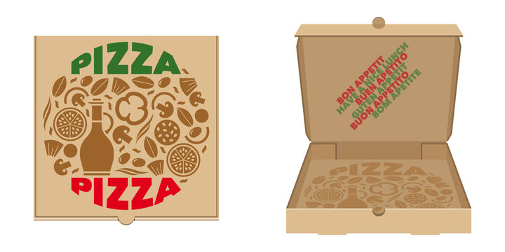Boite pour la livraison de pizza, fermée, vue de dessus et ouverte, vue de l’intérieur, décorée d’une illustration composée de typographies et d’aliments utilisés pour la réalisation de la pizza.