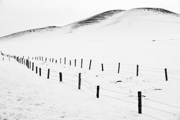 Snowy winter scene with barbed wire fences and a hill in the background