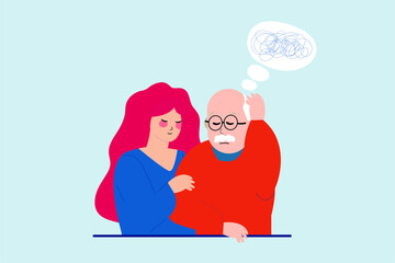 Young character girl caring an old man or grandfather with dementia. Senior looks sad with a social female worker helps and supports him. Memory loss and Alzheimer mental disorder Concept. Vector.