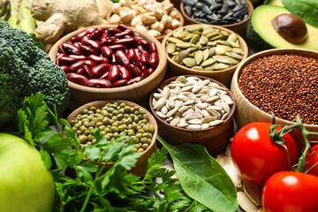 Different vegetables, seeds and fruits, closeup. Healthy diet