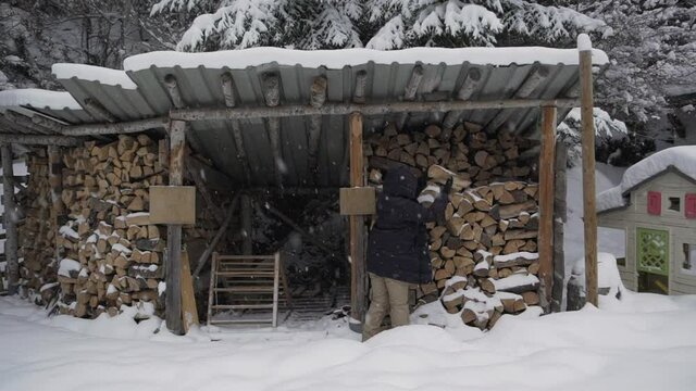 Female taking firewood from shed in winter